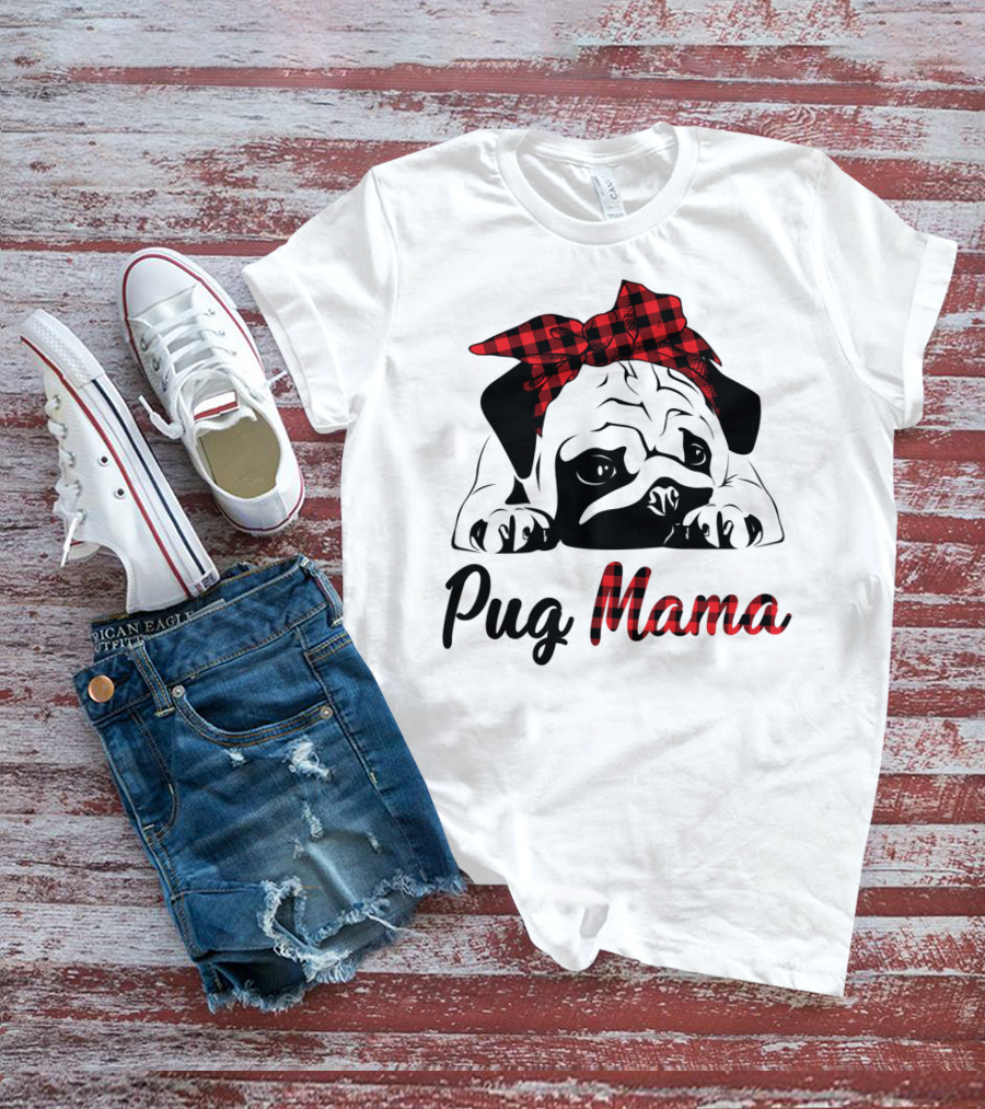 Pug Mama Puppies Buffalo Plaid T-Shirt
