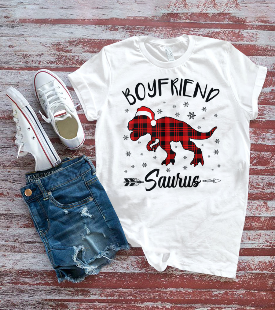 Boyfriend Saurus Red Plaid Dinosaur Christmas Hat T-Shirt