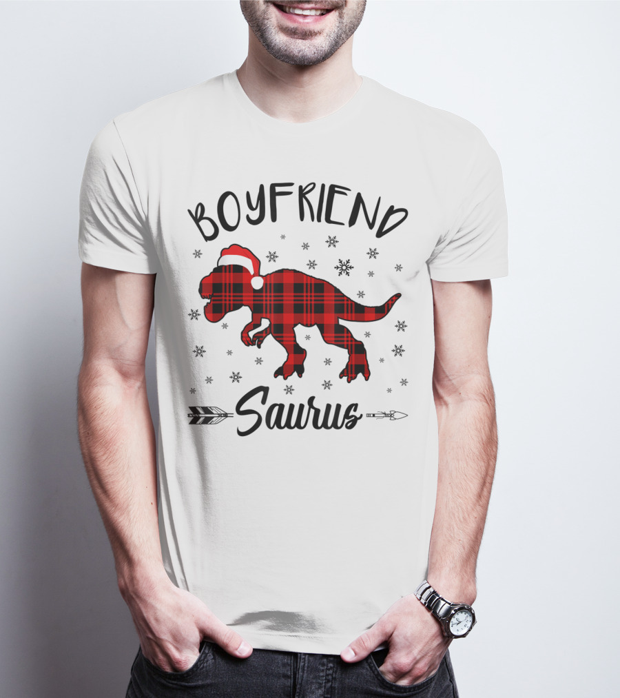 Boyfriend Saurus Red Plaid Dinosaur Christmas Hat T-Shirt