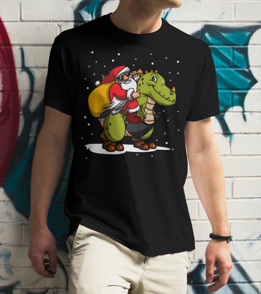Santa Riding Dinosaur Christmas Trex Snowy Night Scene T-Shirt