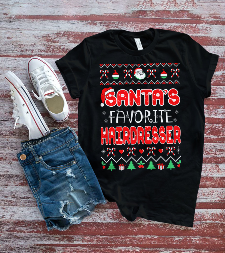 Santa's Favorite Hairdresser Christmas Candy Canes Ornament Santa Hat Snowflakes T-Shirt
