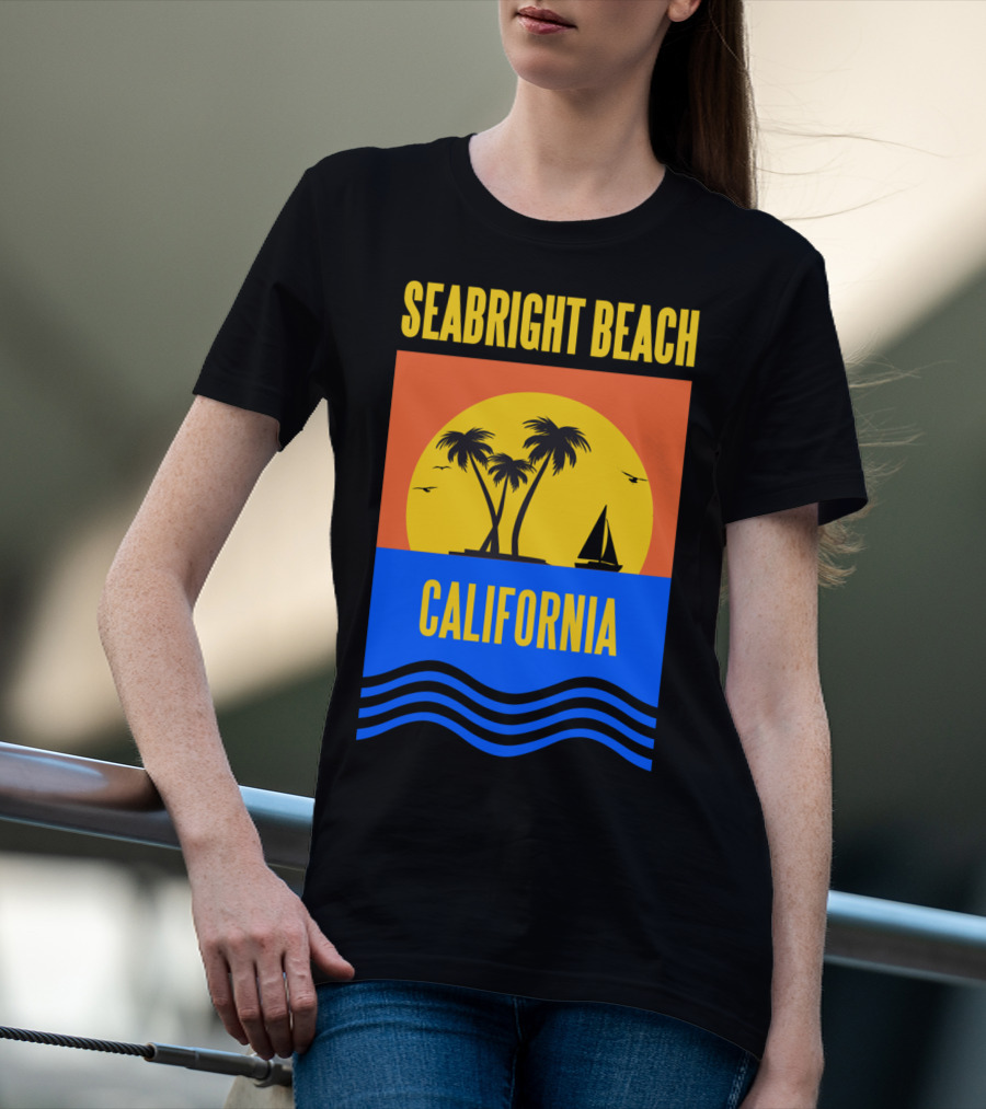 Seabright Beach California Sunset Palm Trees Sailboat Vacation T-Shirt