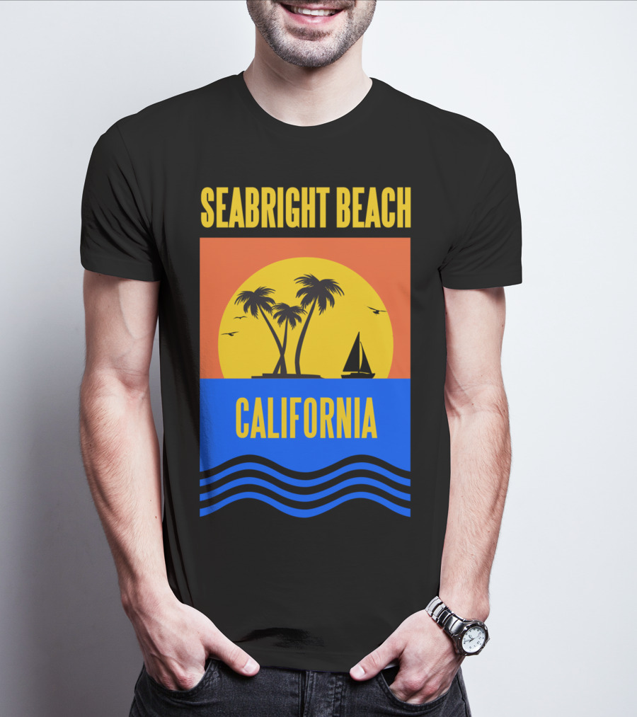 Seabright Beach California Sunset Palm Trees Sailboat Vacation T-Shirt