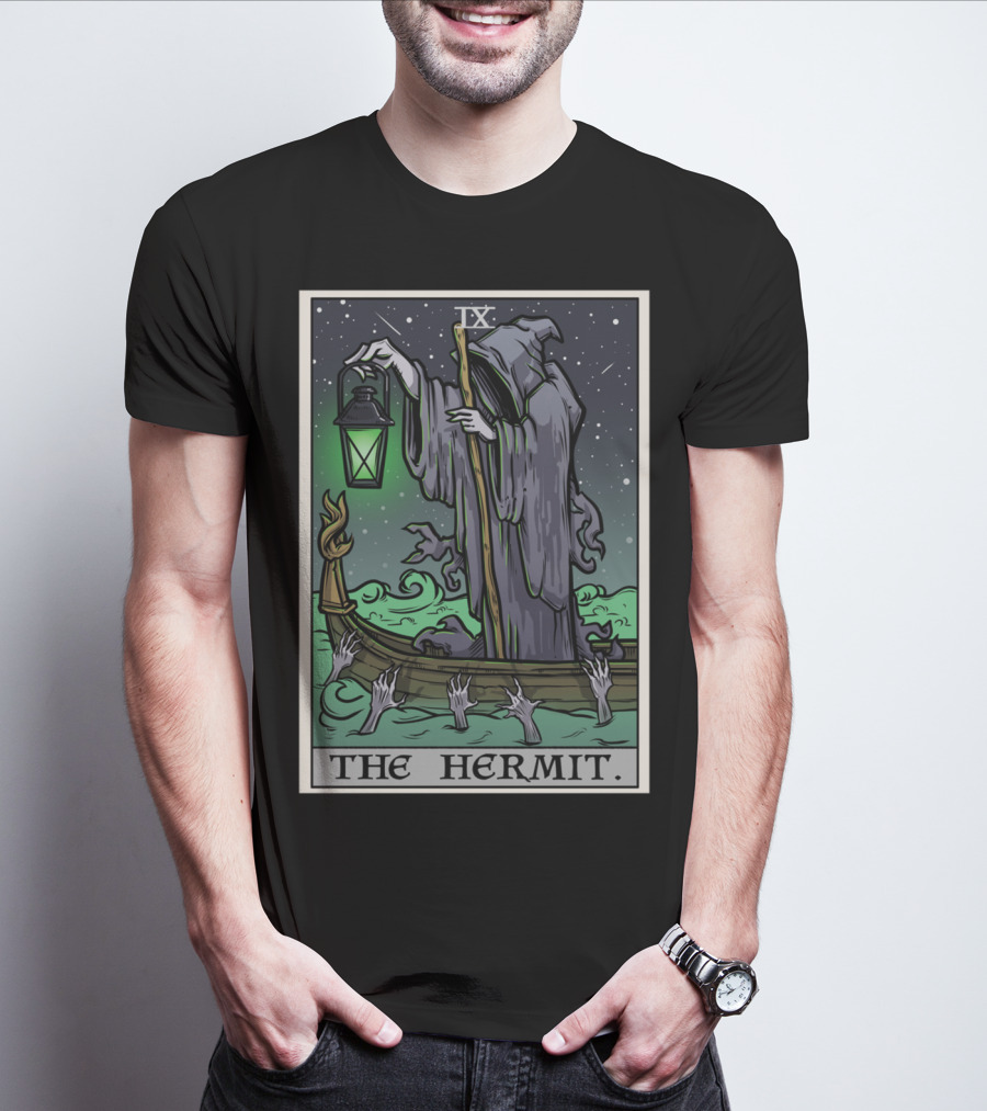 The Hermit Tarot Card IX Gothic Halloween Grim Lantern Boat T-Shirt