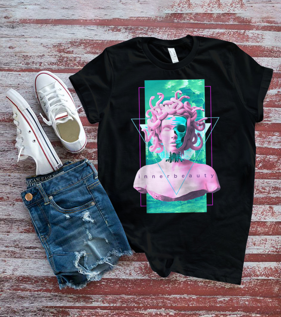 Vaporwave Inner Beauty Medusa Statue With Skull Aesthetic T-Shirt
