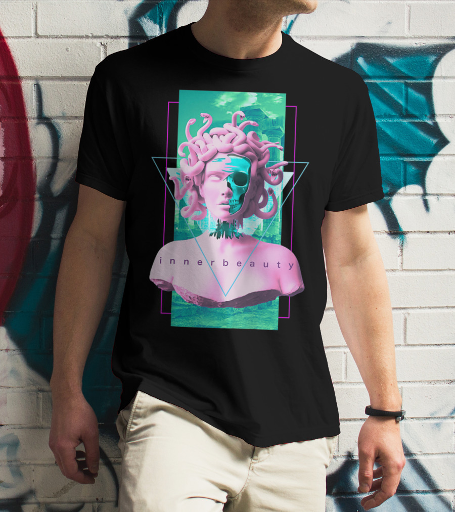 Vaporwave Inner Beauty Medusa Statue With Skull Aesthetic T-Shirt