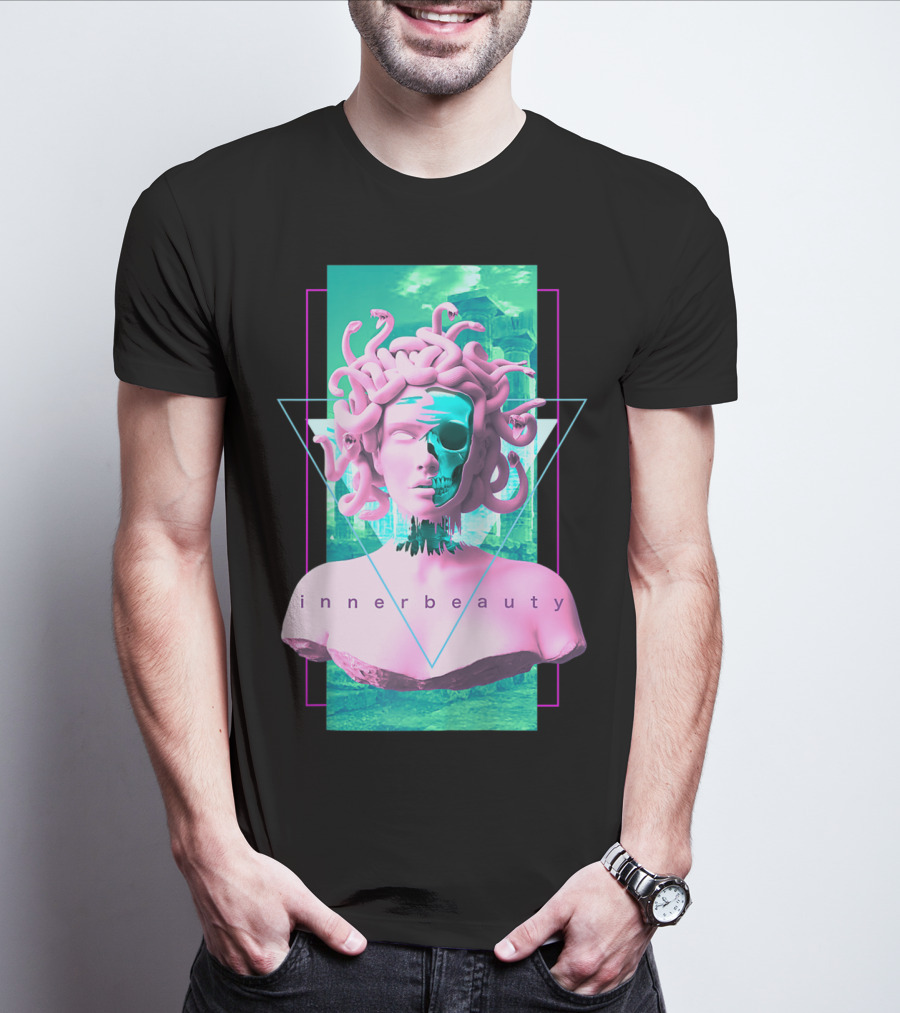 Vaporwave Inner Beauty Medusa Statue With Skull Aesthetic T-Shirt