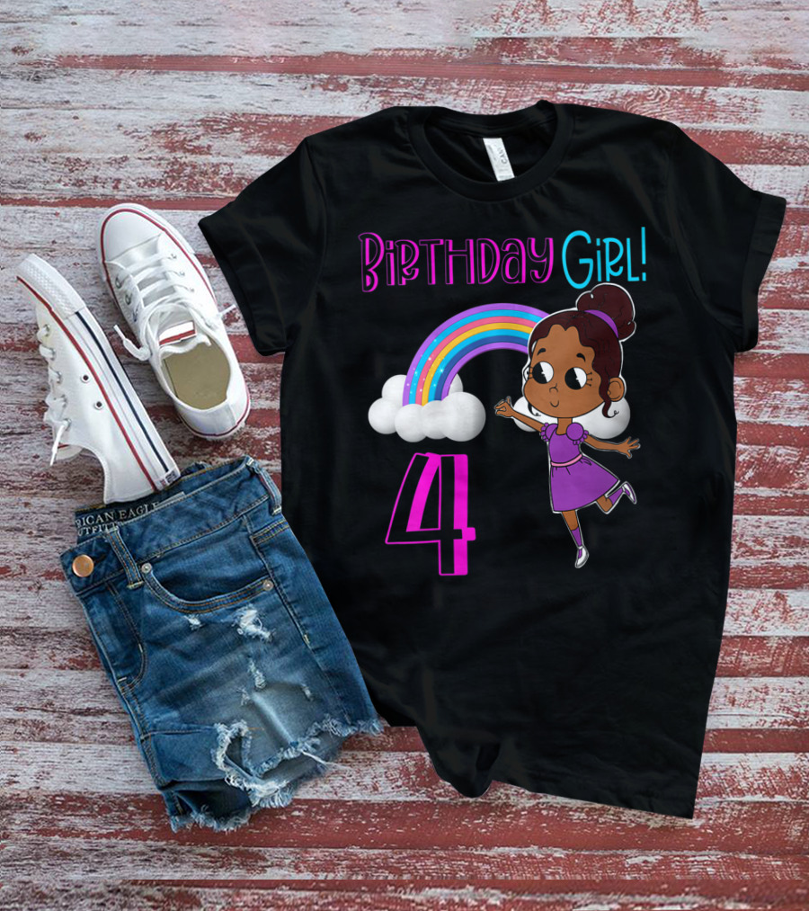 Birthday Girl 4 African American Rainbow And Girl In Purple Dress T-Shirt