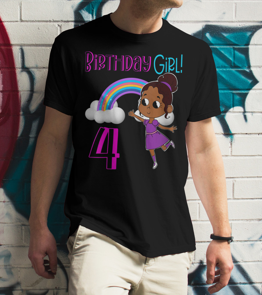 Birthday Girl 4 African American Rainbow And Girl In Purple Dress T-Shirt
