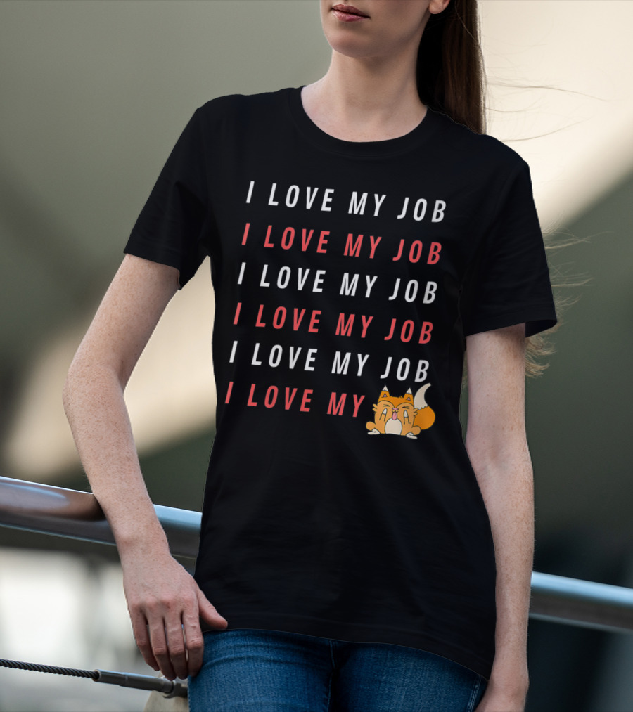 I Love My Job Cat Showing Middle Finger Repeated Text T-Shirt