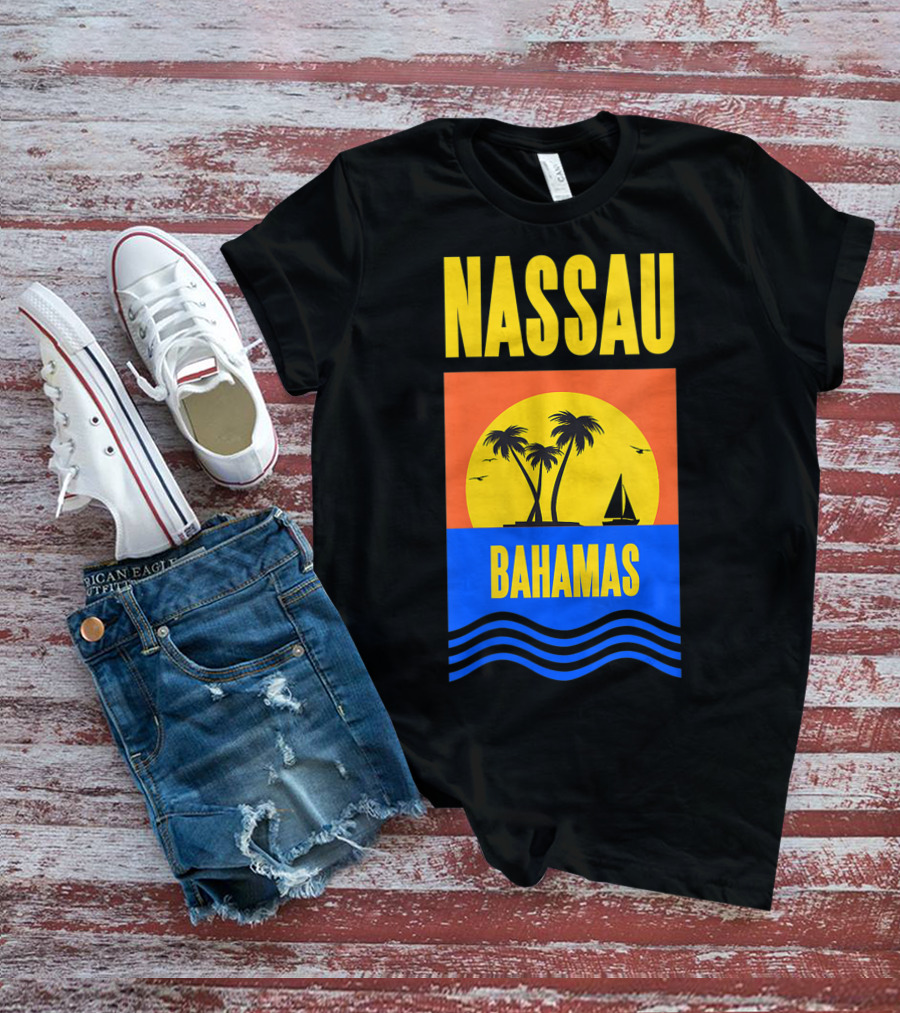 Nassau Bahamas Sunset Palm Trees And Sailboat Ocean Waves T-Shirt