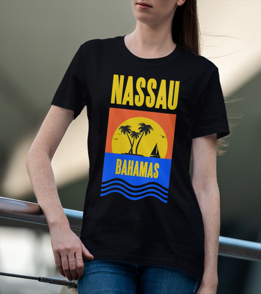 Nassau Bahamas Sunset Palm Trees And Sailboat Ocean Waves T-Shirt