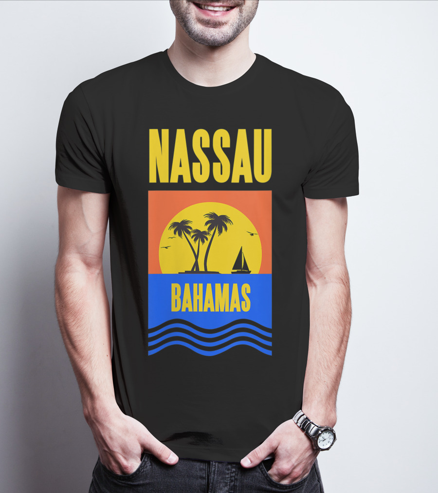 Nassau Bahamas Sunset Palm Trees And Sailboat Ocean Waves T-Shirt