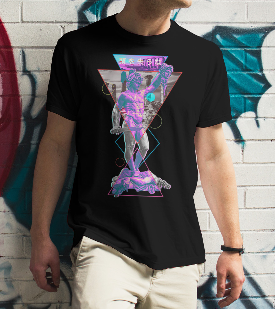 Perseus And Medusa Vaporwave Aesthetic With Japanese Text And Geometric Shapes T-Shirt