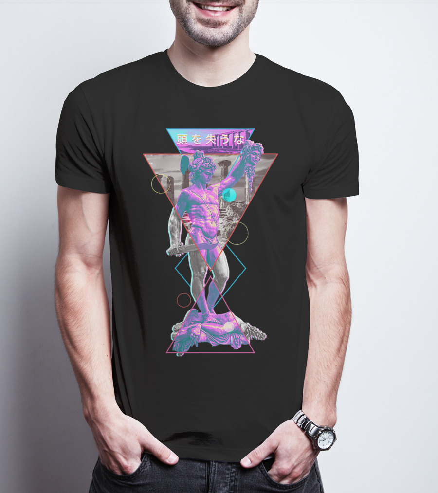 Perseus And Medusa Vaporwave Aesthetic With Japanese Text And Geometric Shapes T-Shirt