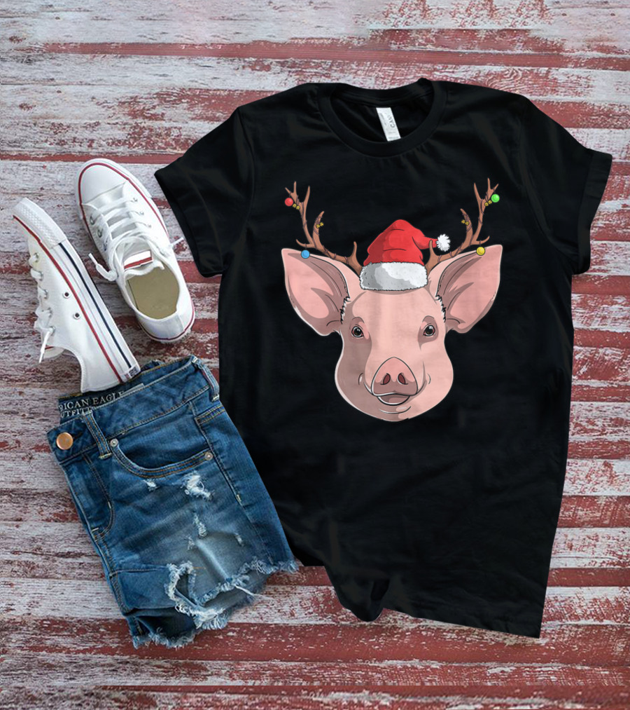 Pig With Santa Hat And Reindeer Antlers T-Shirt