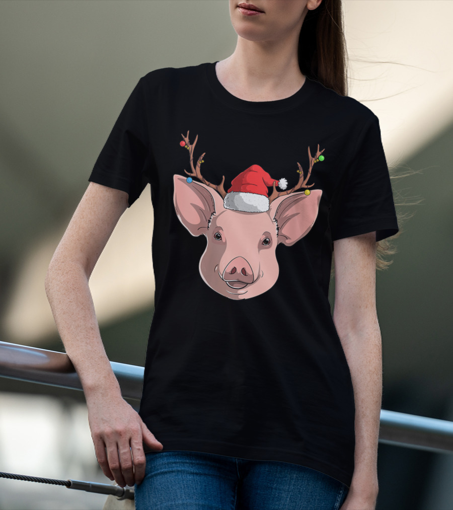 Pig With Santa Hat And Reindeer Antlers T-Shirt