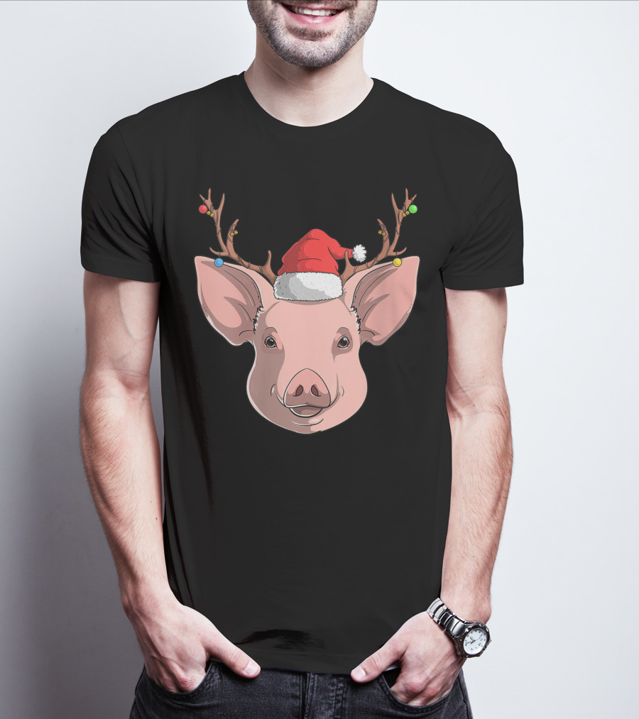 Pig With Santa Hat And Reindeer Antlers T-Shirt