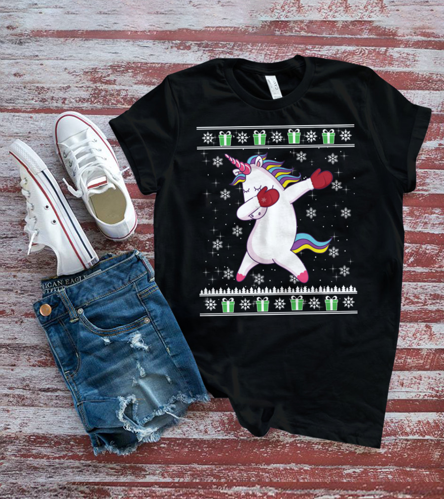 Unicorn Dabbing Christmas Presents Snowflakes Holiday Ugly T-Shirt