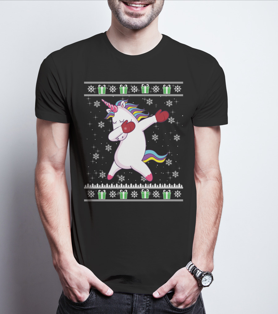 Unicorn Dabbing Christmas Presents Snowflakes Holiday Ugly T-Shirt