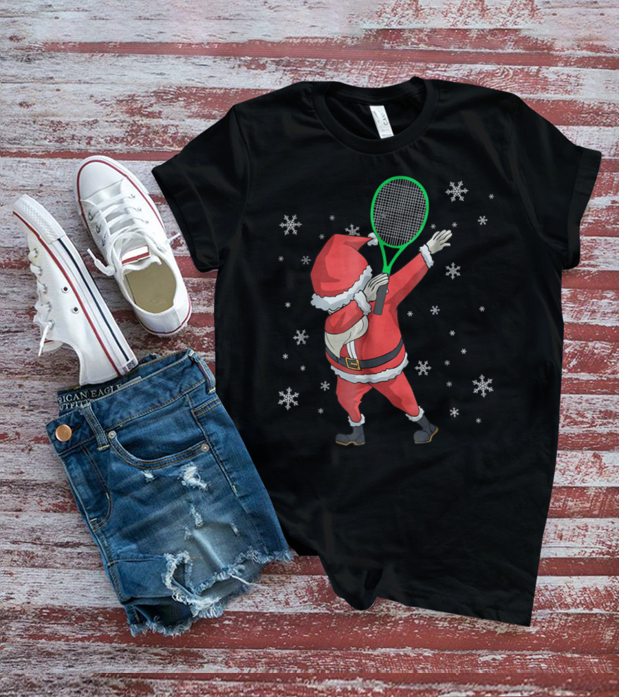 Dabbing Santa Claus With Tennis Racket And Snowflakes T-Shirt