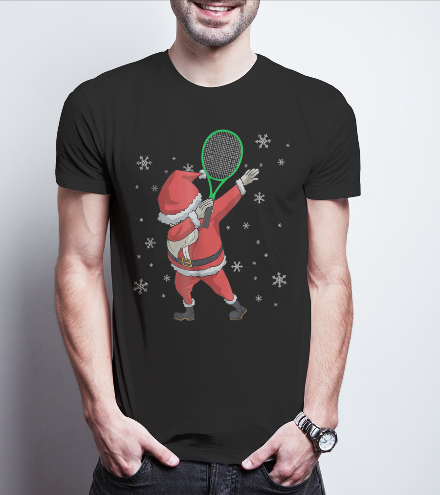 Dabbing Santa Claus With Tennis Racket And Snowflakes T-Shirt