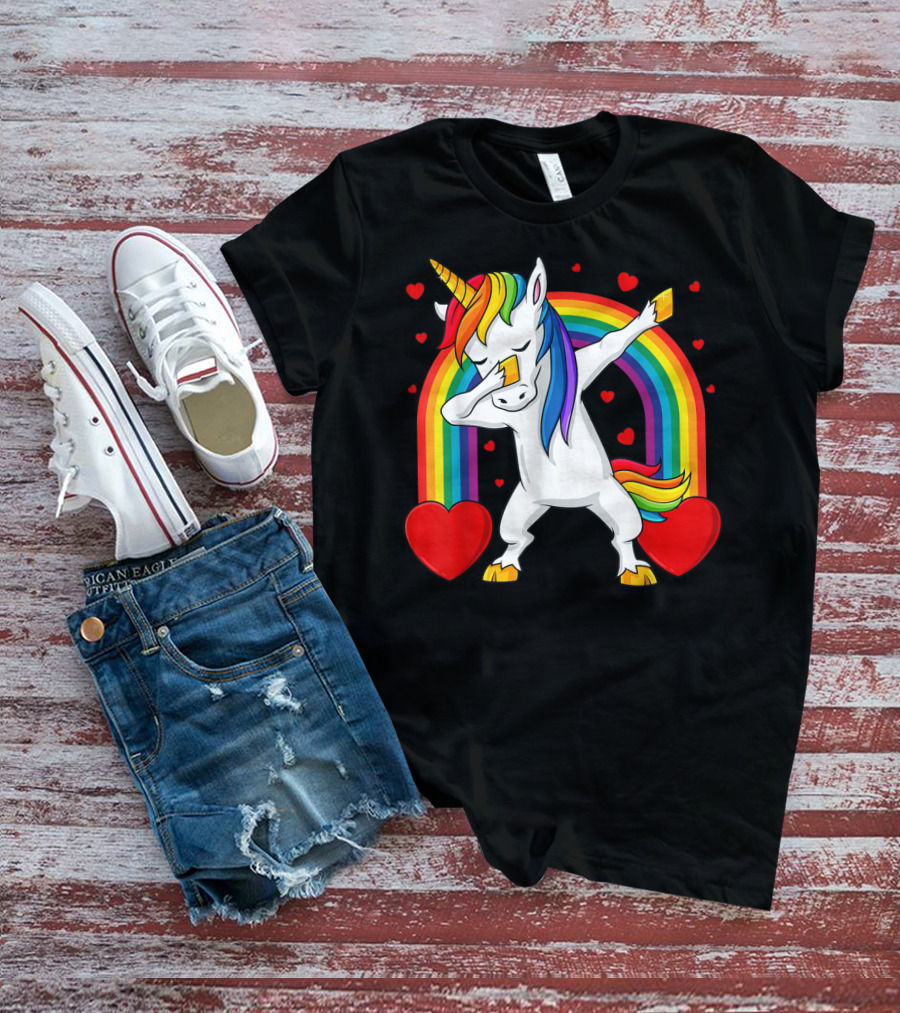 Dabbing Unicorn With Rainbow And Hearts T-Shirt