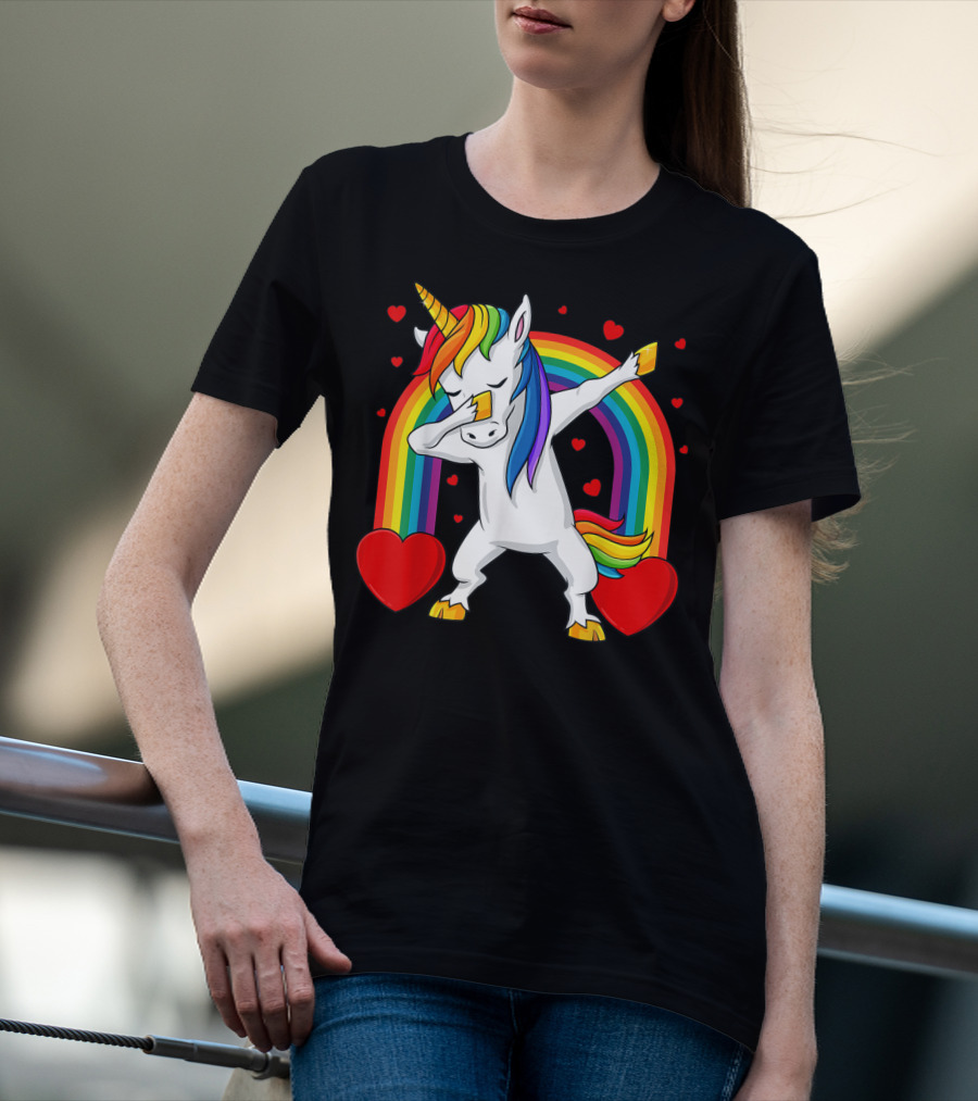 Dabbing Unicorn With Rainbow And Hearts T-Shirt