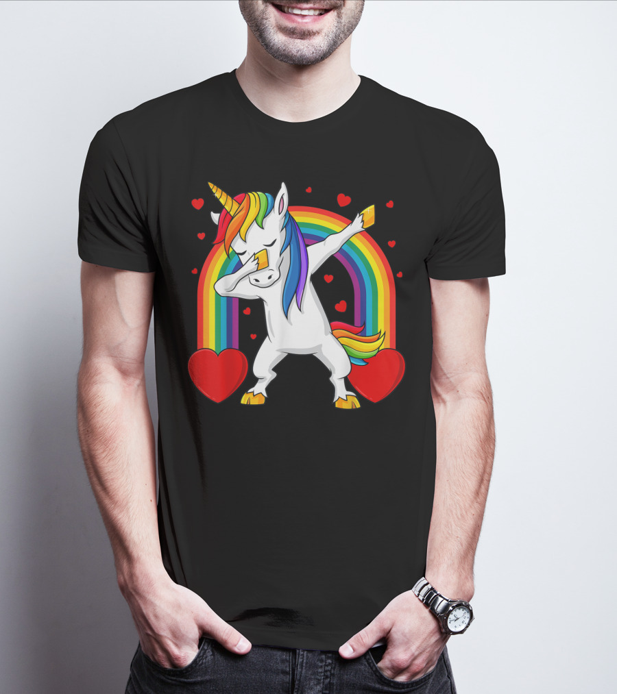 Dabbing Unicorn With Rainbow And Hearts T-Shirt
