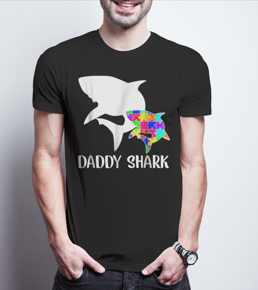 Daddy Shark Autism Awareness Puzzle Colorful T-Shirt