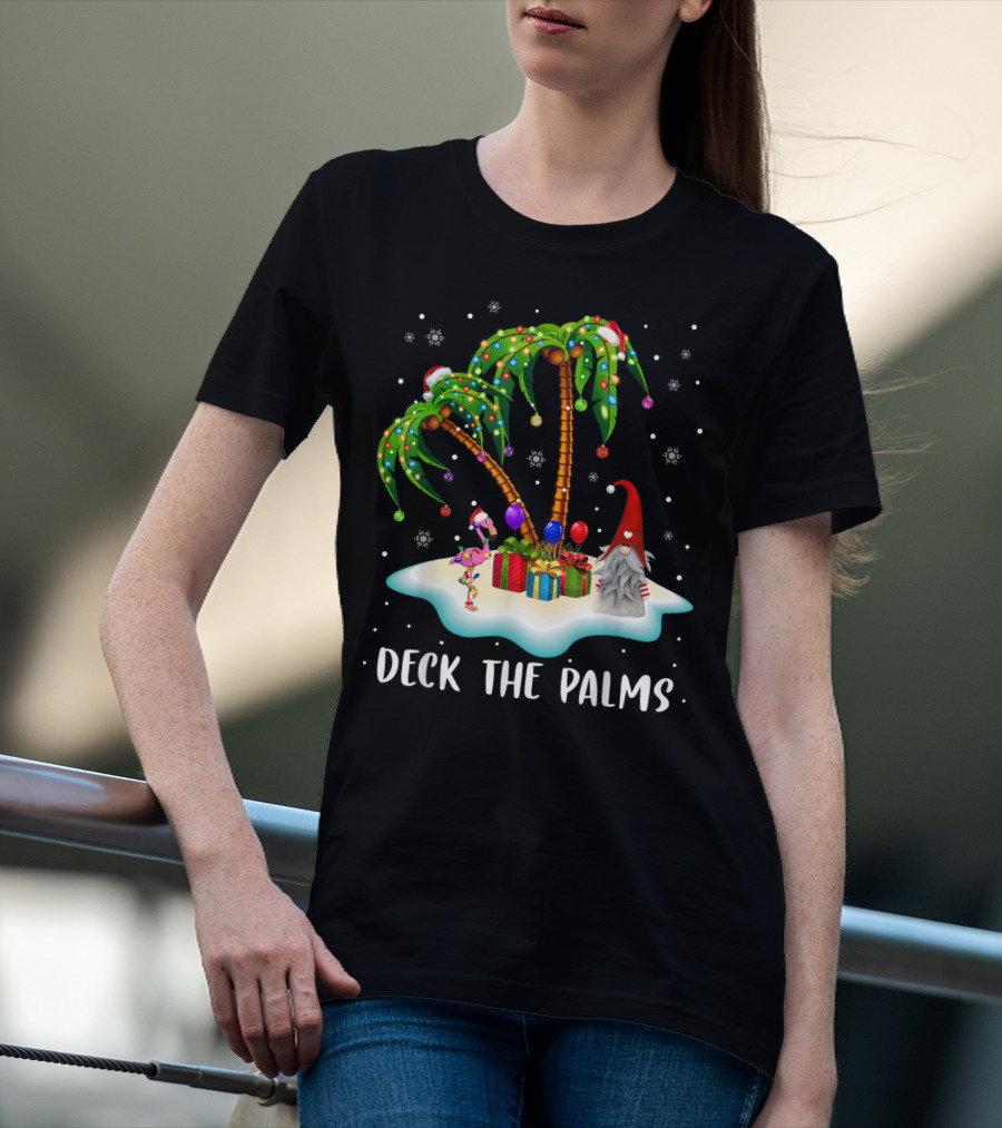 Deck The Palms Tropical Christmas Palm Tree With Santa Hat Flamingo And Gnome On Snowy Island T-Shirt