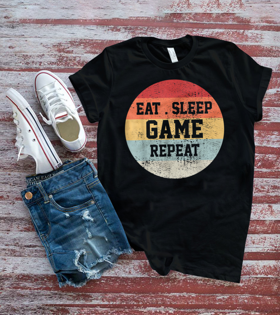 Eat Sleep Game Repeat Vintage Retro Stripes T-Shirt