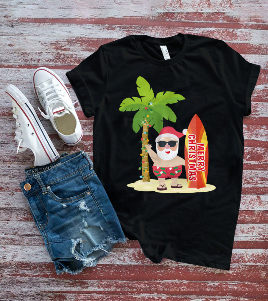 Merry Christmas Hawaiian Funny Ugly Cute Surfing Santa Holiday T-Shirt