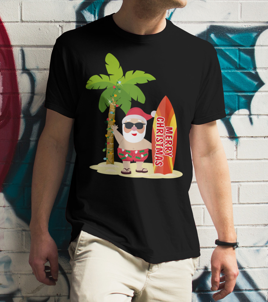 Merry Christmas Hawaiian Funny Ugly Cute Surfing Santa Holiday T-Shirt