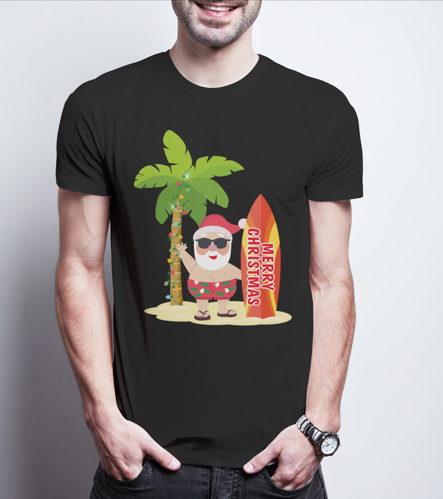 Merry Christmas Hawaiian Funny Ugly Cute Surfing Santa Holiday T-Shirt
