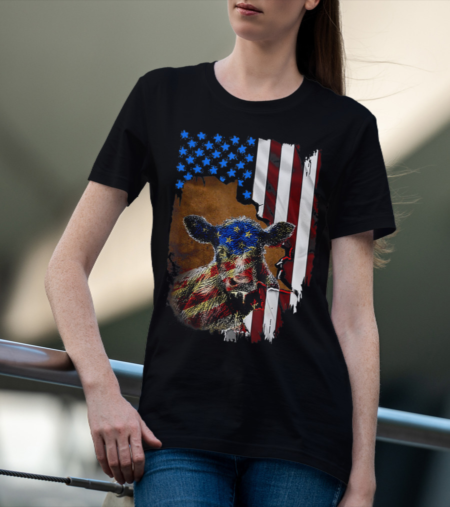 Heifer American Flag Farmer Cow Cattle July 4 T-Shirt