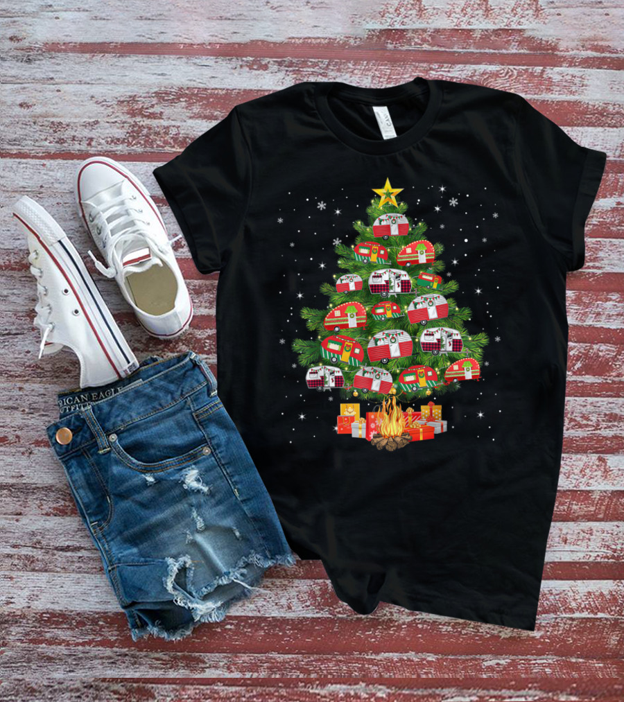 Camping Vehicle Christmas Tree Festive Campers With Star And Gifts T-Shirt