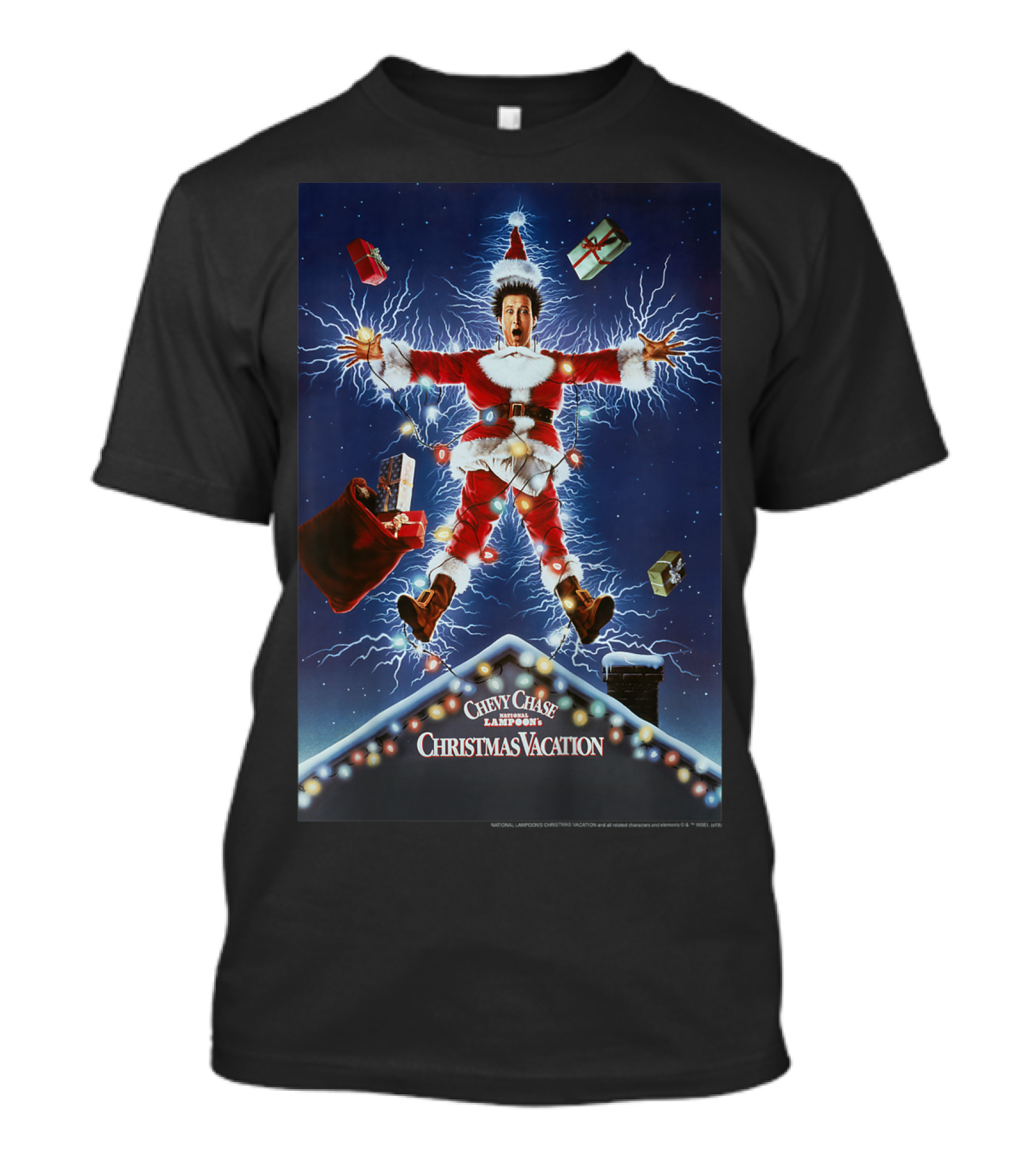 Chevy Chase Kids National Lampoon's Christmas Vacation Santa With Presents And Lights Explosion T-Shirt