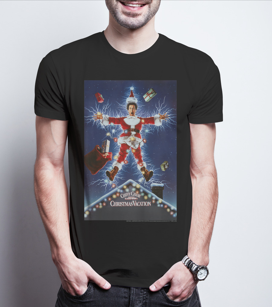 Chevy Chase Kids National Lampoon's Christmas Vacation Santa With Presents And Lights Explosion T-Shirt