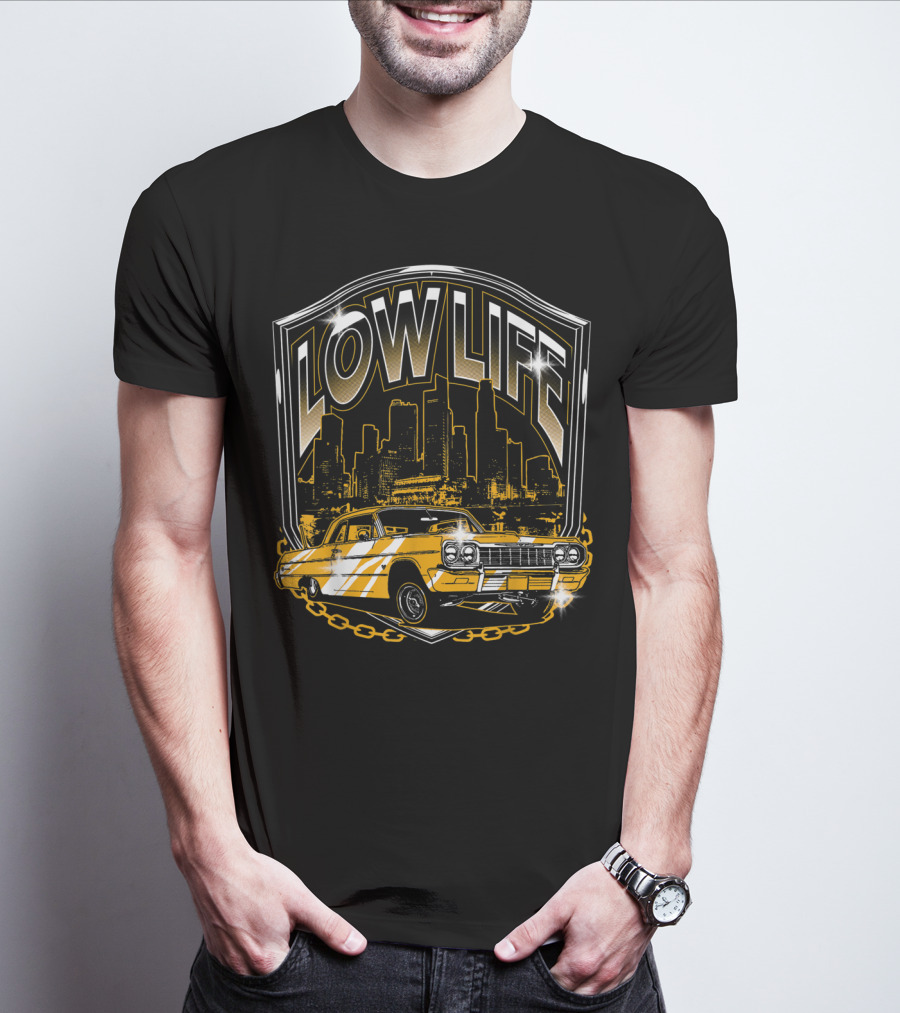 Lowrider Classic Car Low Life Skyline Scene T-Shirt