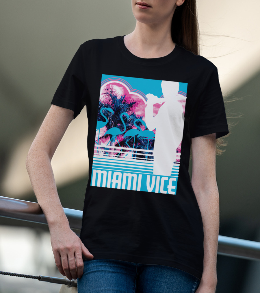 Miami Vice Neon Flamingo Silhouette Tropical T-Shirt