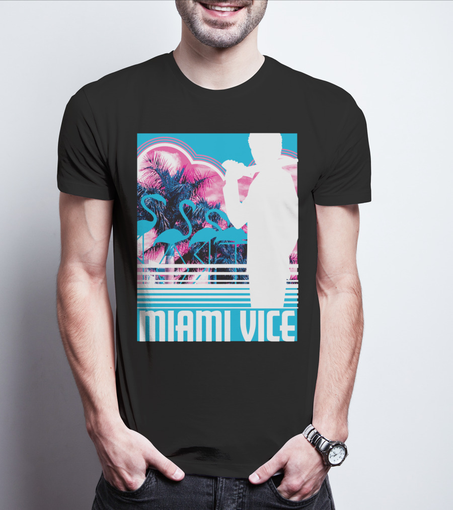 Miami Vice Neon Flamingo Silhouette Tropical T-Shirt