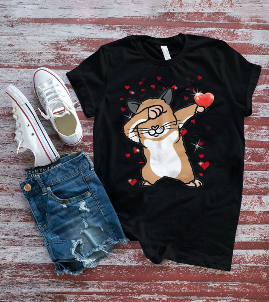 Valentine Girls Cute Dabbing Hamster With Heart And Sparkling Red Hearts T-Shirt