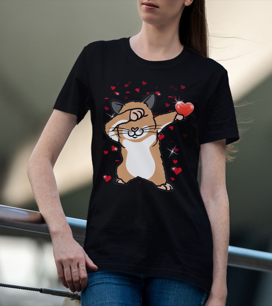 Valentine Girls Cute Dabbing Hamster With Heart And Sparkling Red Hearts T-Shirt