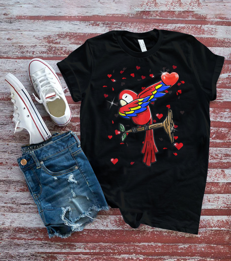 Valentine Girls Dabbing Parrot Red Heart Love T-Shirt