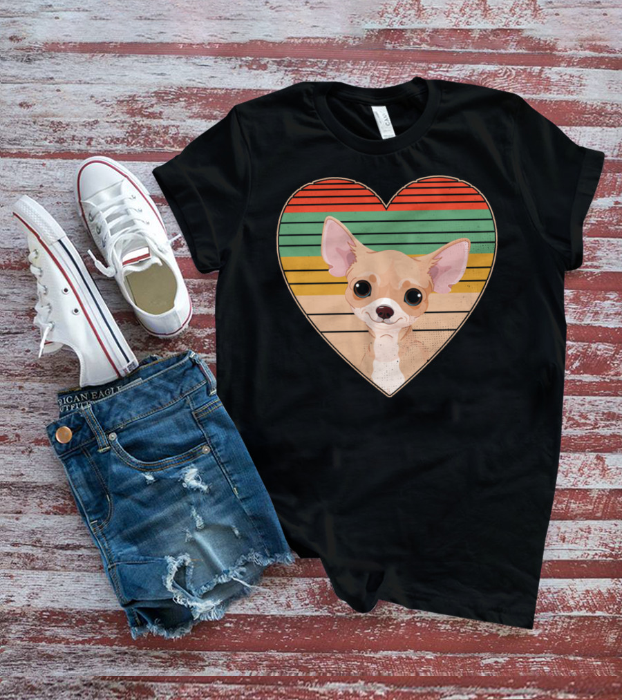 Vintage Chihuahua Heart Striped Retro Heart-Shaped T-Shirt