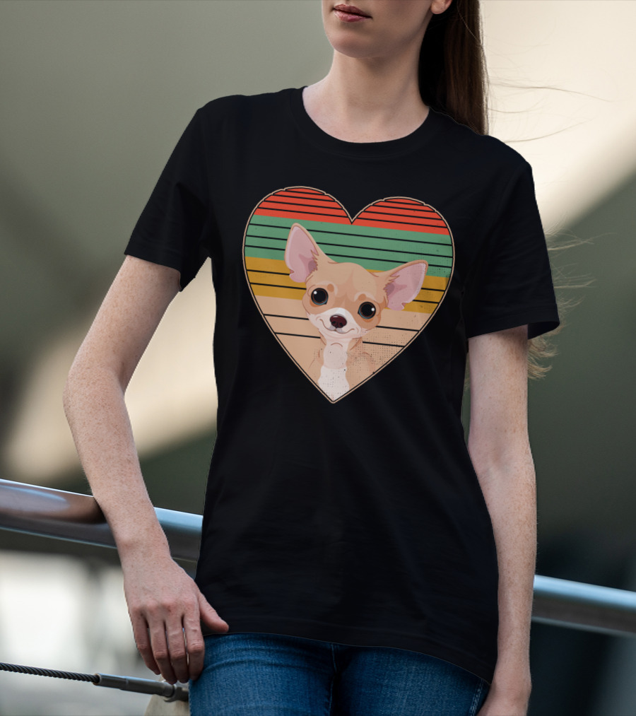 Vintage Chihuahua Heart Striped Retro Heart-Shaped T-Shirt