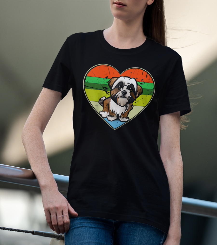 Vintage Heart Rainbow Shih Tzu Dog Valentine T-Shirt