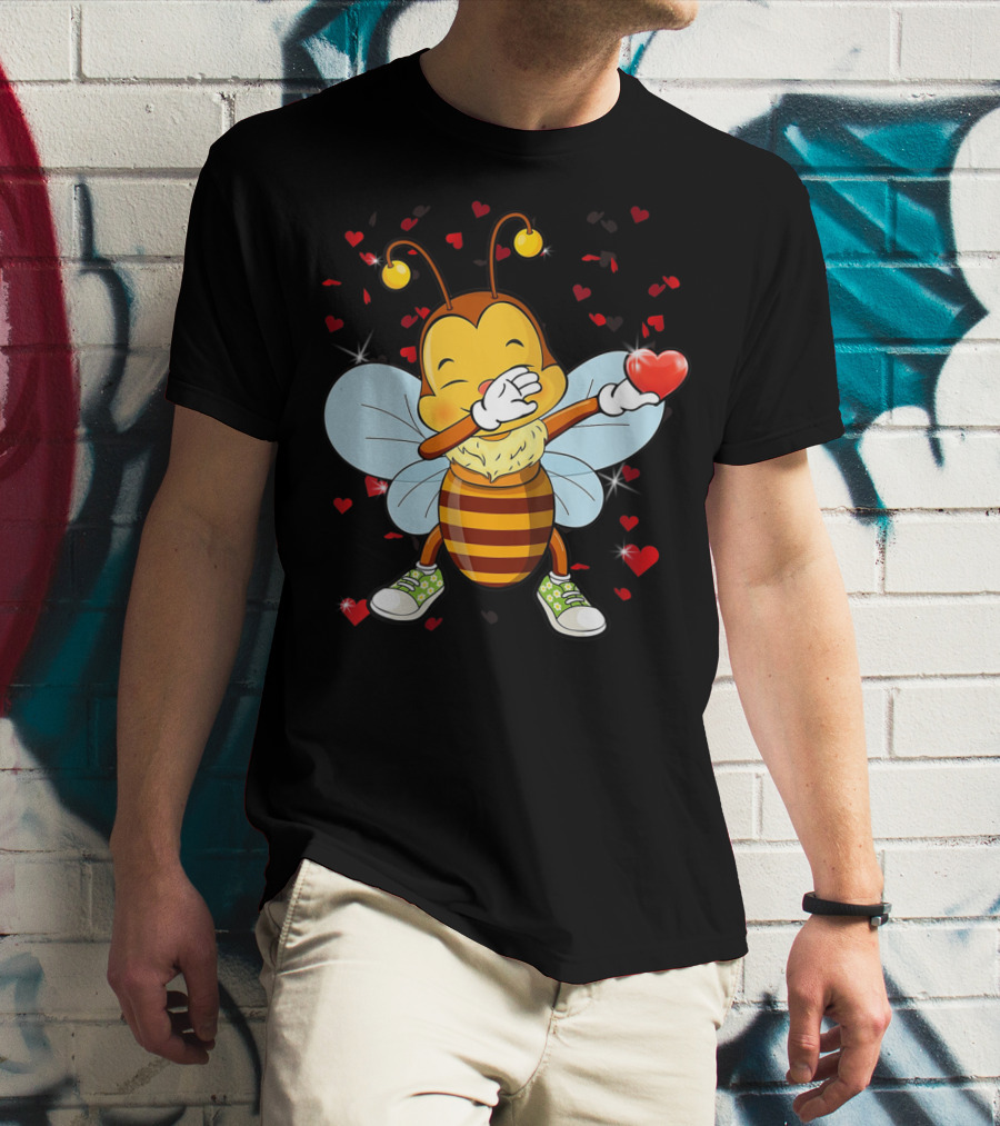 Valentine Bee Dabbing Holding Heart Surrounded By Hearts And Stars T-Shirt