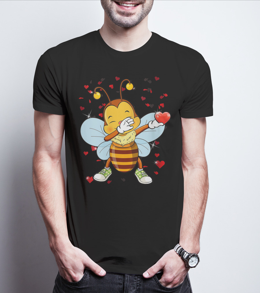 Valentine Bee Dabbing Holding Heart Surrounded By Hearts And Stars T-Shirt
